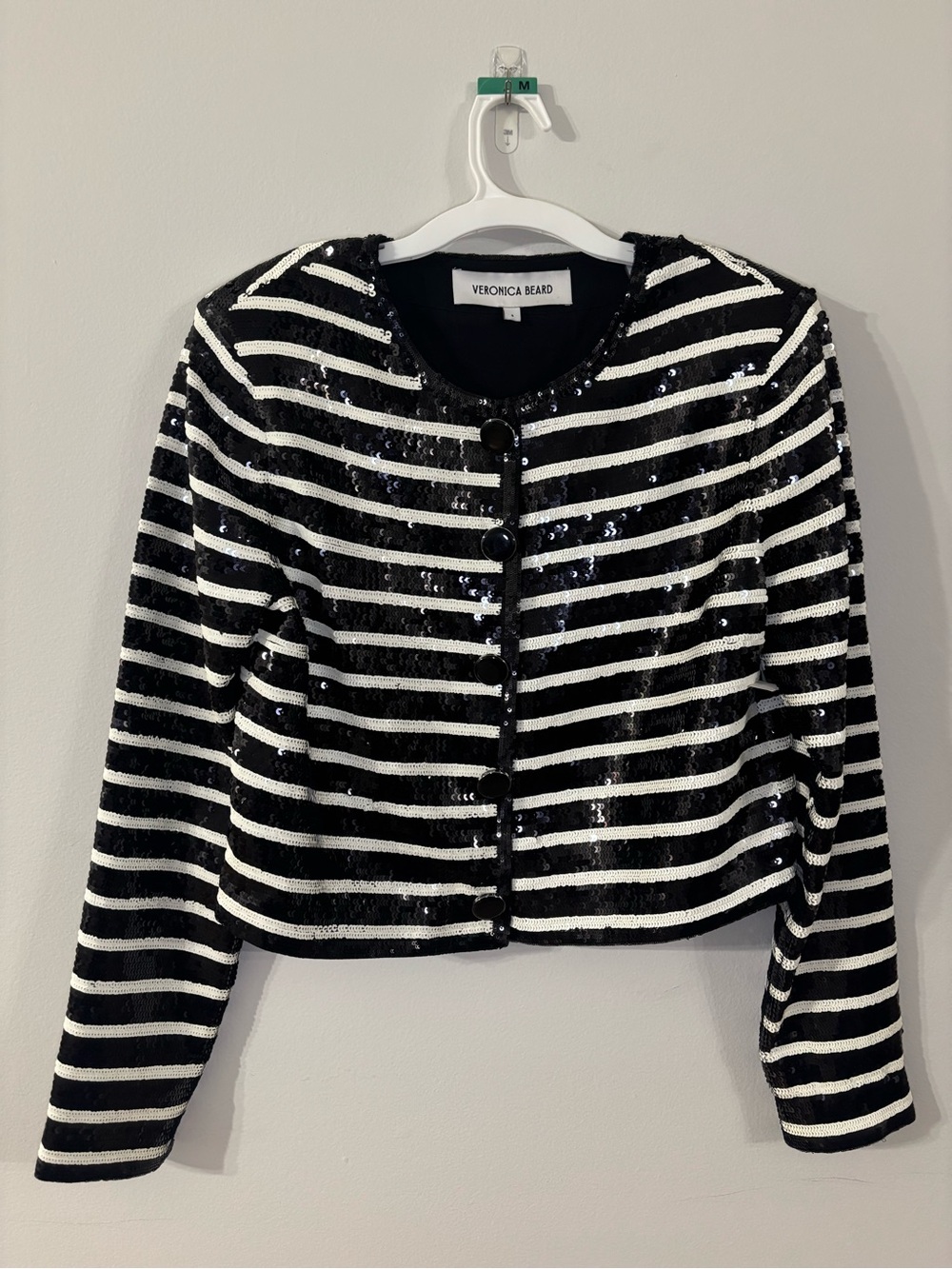 Veronica Beard Black and White Striped Sequin Cropped Jacket - Picture 3 of 5